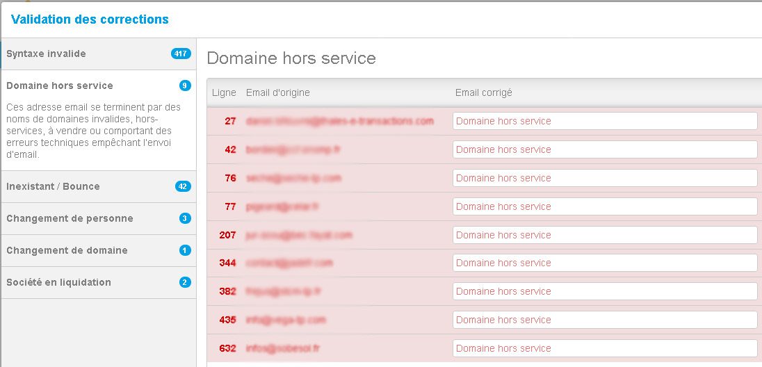 Nouvel interface d’importation et de correction des adresses email